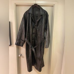 Black leather belted coat